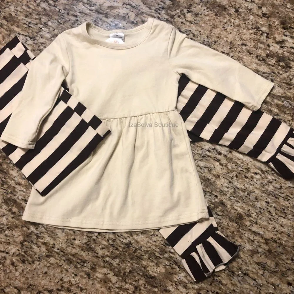 ******* Cream & Brown Stripe, Shirt Pant & Scarf 3 pc Set  1226XS 12m - 2T NWT B
